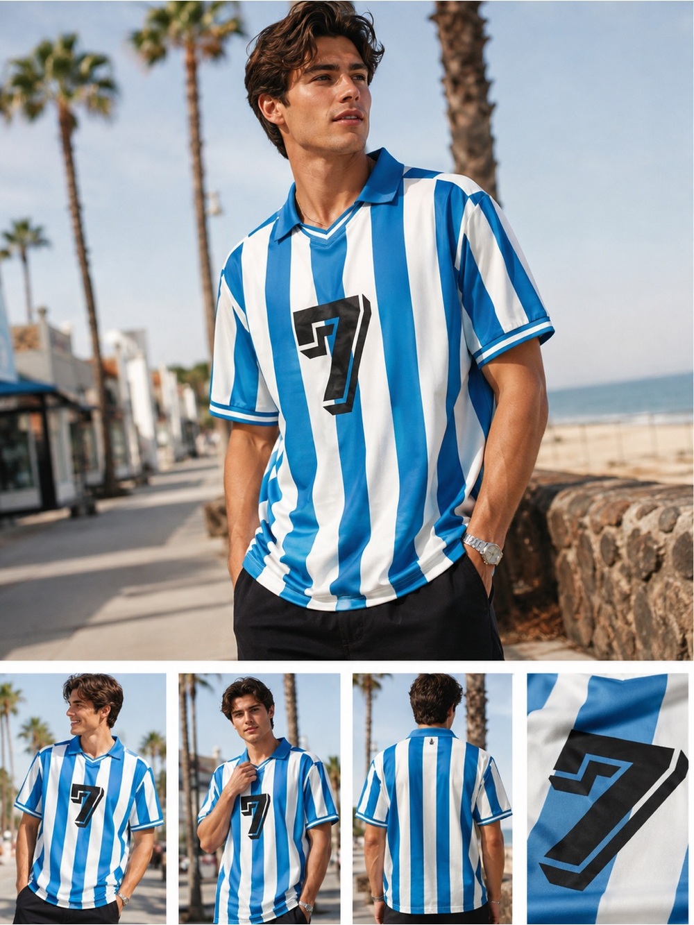 Original Use Men’s Blue and White Striped Soccer Jersey Size L